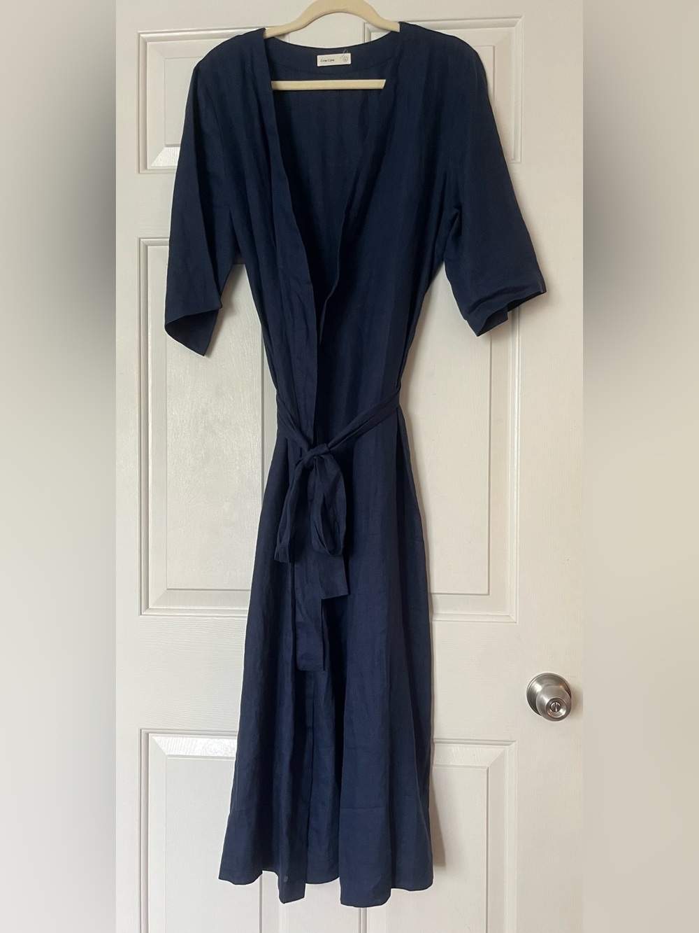 Women's Navy Wrap Midi Dress with Self-Tie Waist